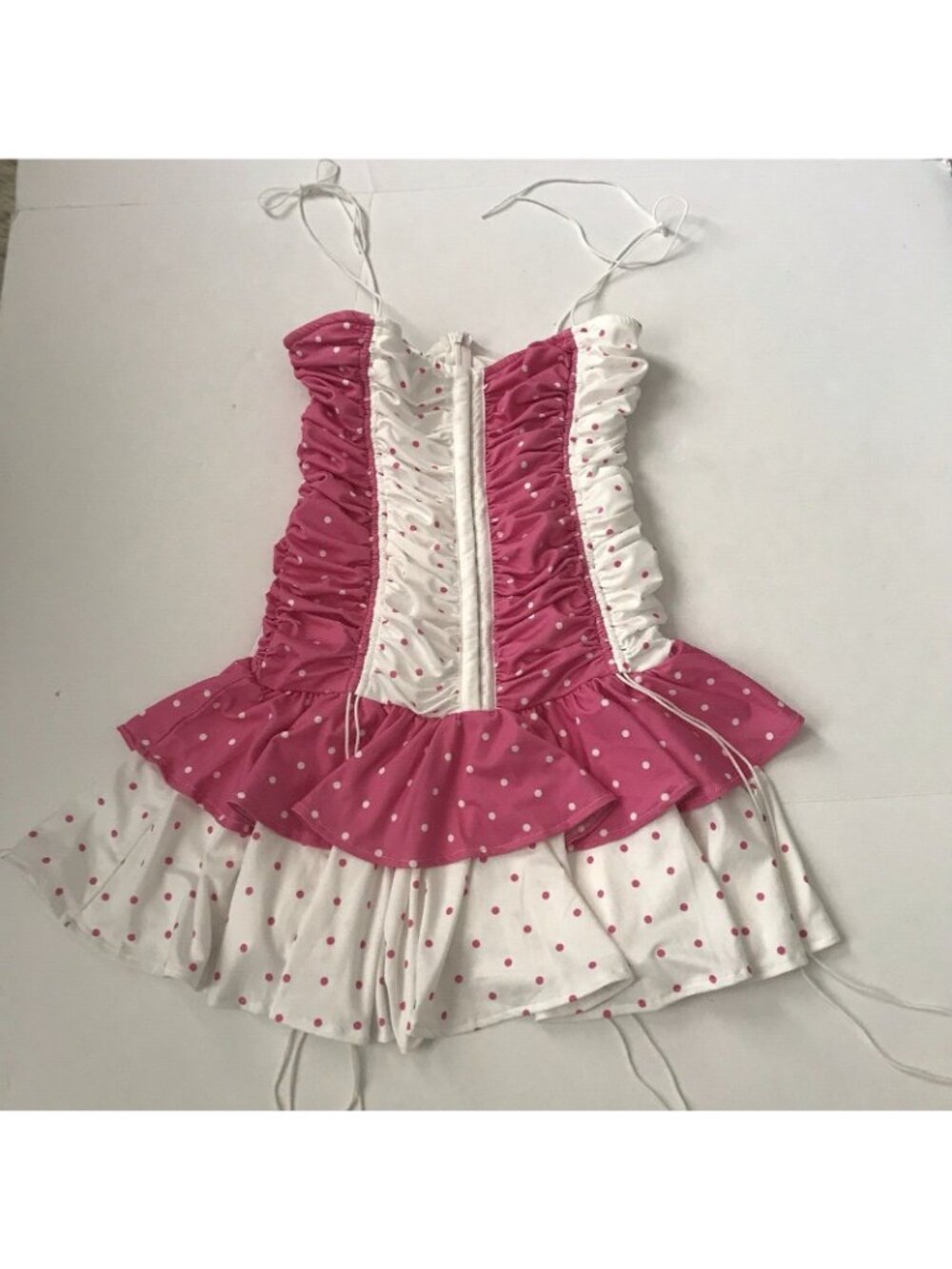 Ruffle Mini Dress S Polka Dot Pink Corset Ruched Dollcore Grunge Goth Fairy Kiki - Picture 14 of 15